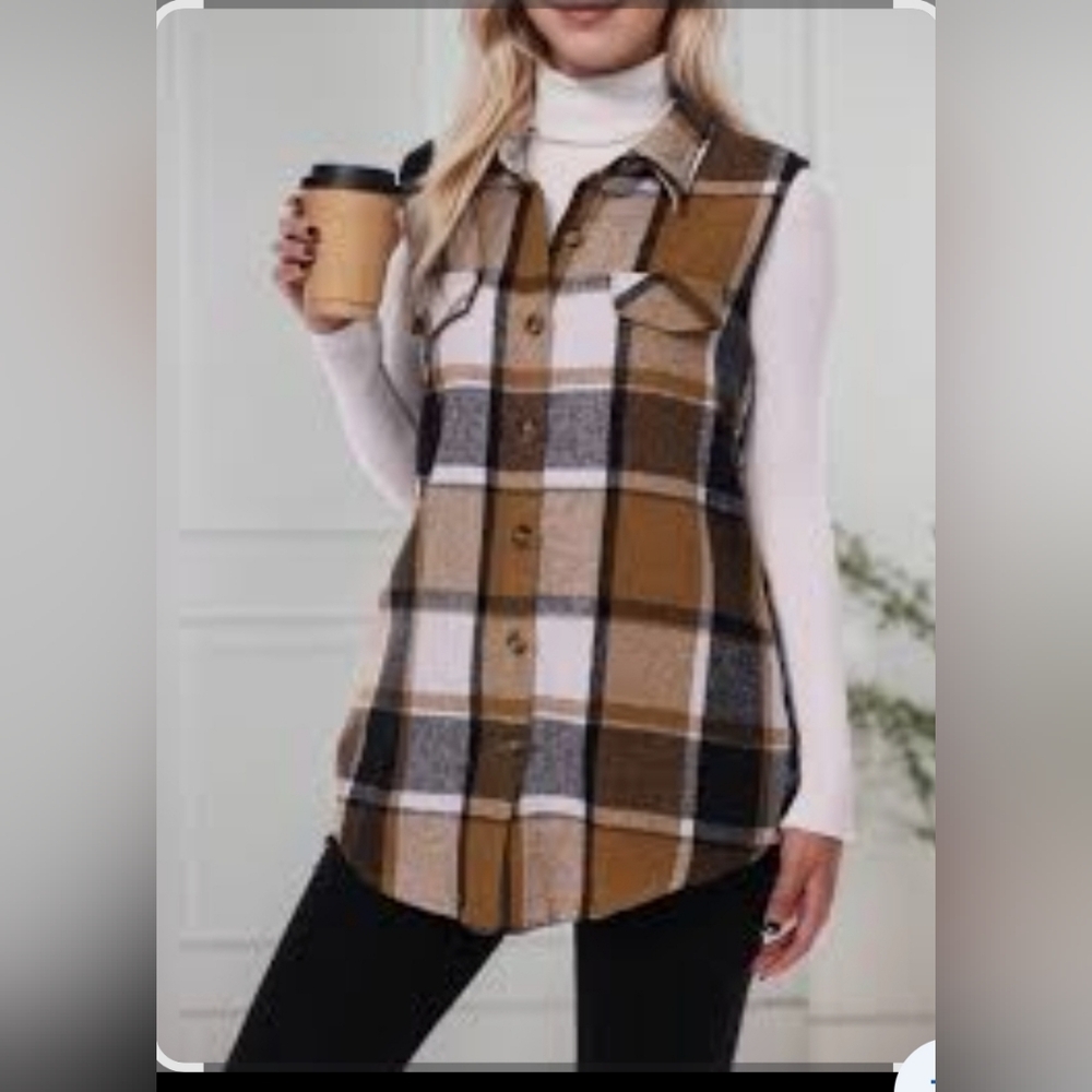 SHEIN Tan and Black Plaid Flannel Sleeveless Top Curvy Size XL